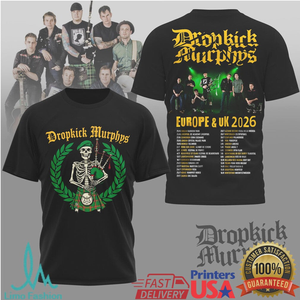 Dropkick Murphys Europe & UK 2026 Skeleton Bagpipes T Shirt - Limotees LLC