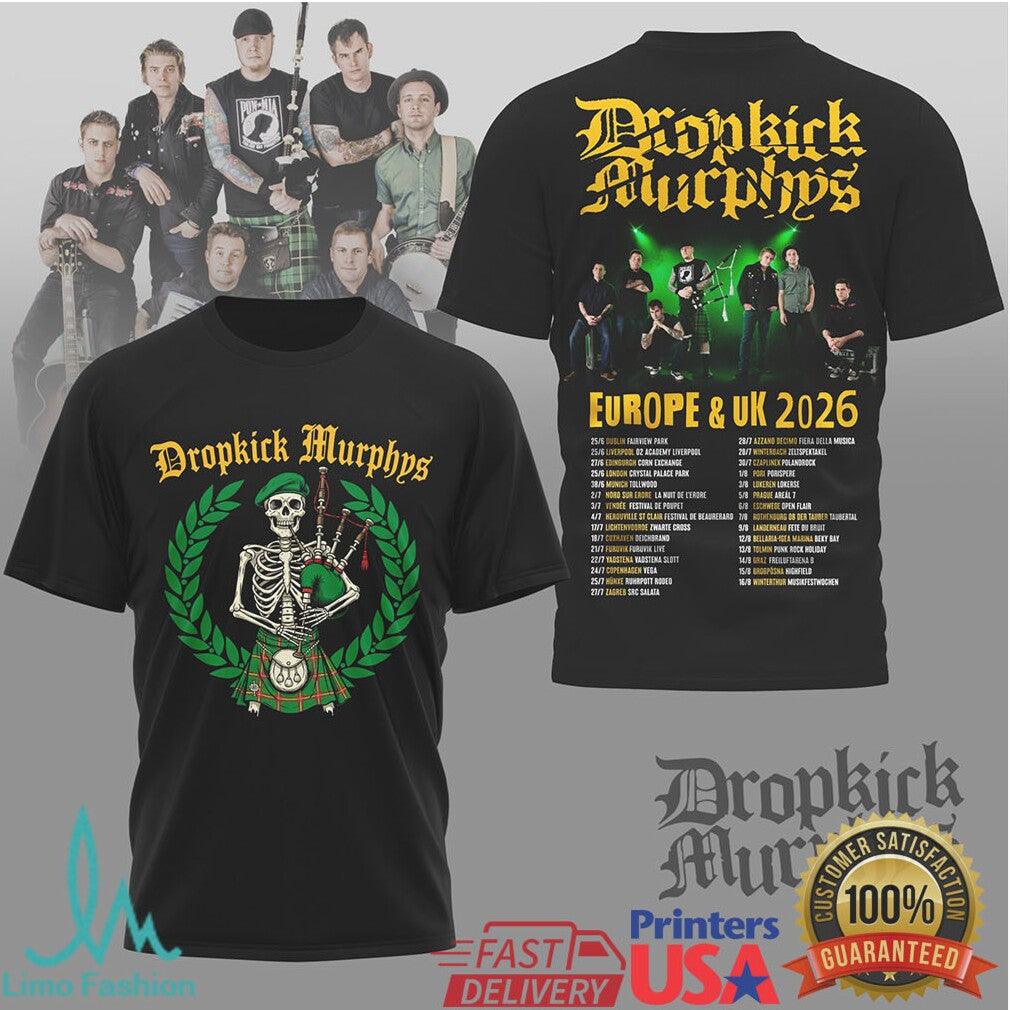 Dropkick Murphys Europe & UK 2026 Skeleton Bagpipes T Shirt - Limotees LLC