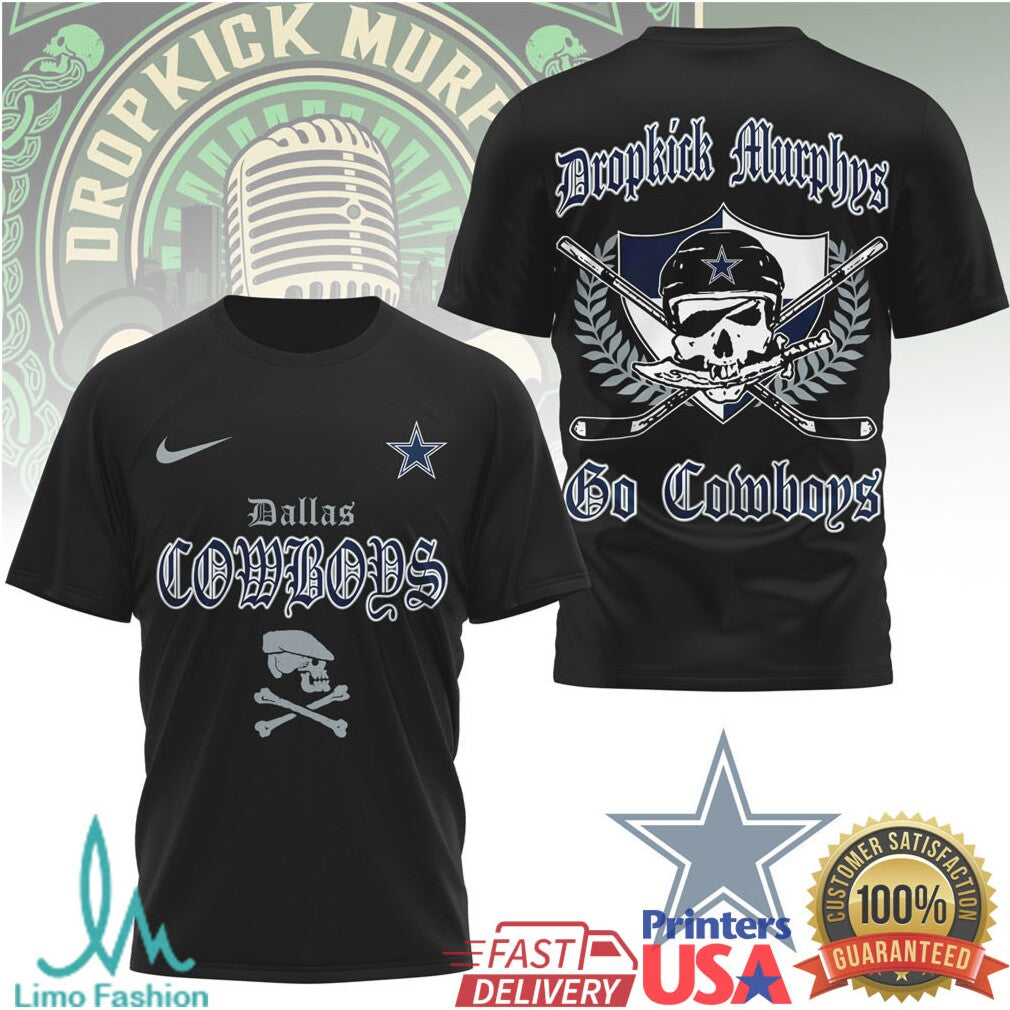 Dropkick Murphys x Dallas Cowboys Skull & Crossbones Punk Rock Football T Shirt - Limotees LLC