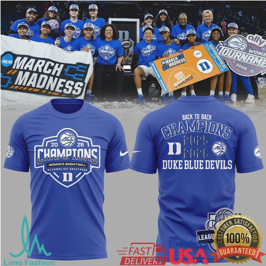 Duke Blue Devils 2025 2026 Back to Back ACC Women's Basketball Champions T Shirt - Limotees LLC