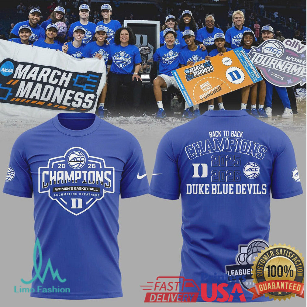 Duke Blue Devils 2025 2026 Back to Back ACC Women's Basketball Champions T Shirt - Limotees LLC