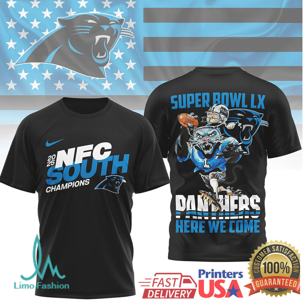 Carolina Panthers Official Super Bowl LX NFL 2025 Division Champions 3D Shirt