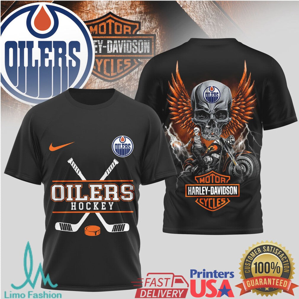 Edmonton Oilers Hockey x Harley Davidson Skull Biker T Shirt - Limotees LLC