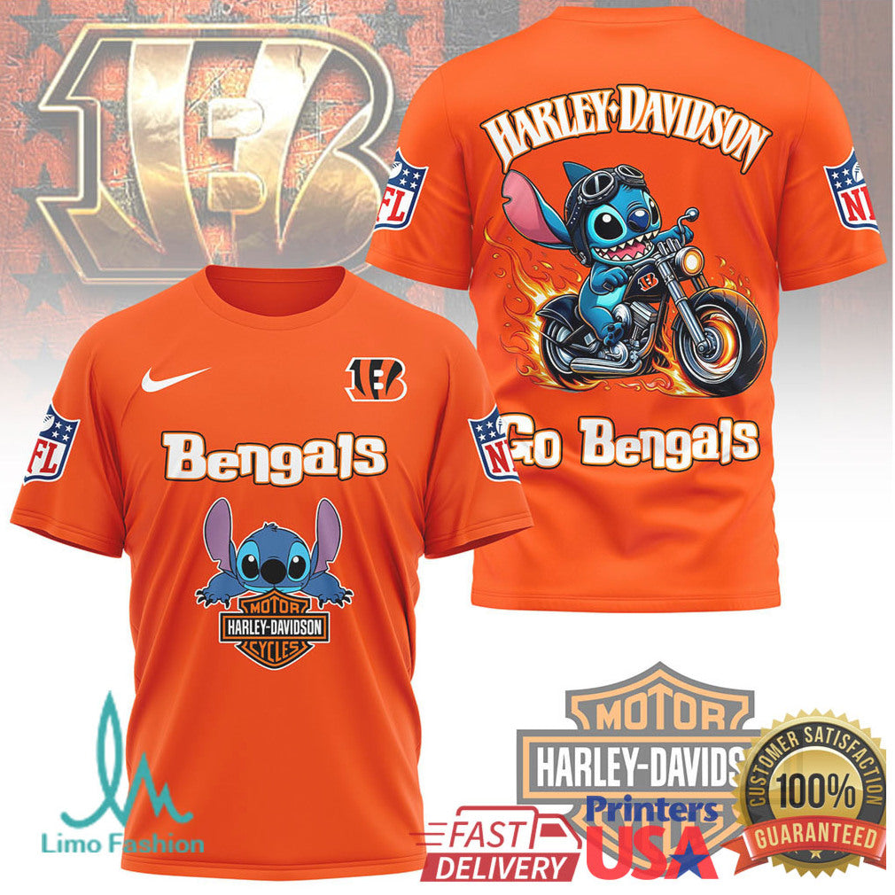 Cincinnati Bengals Official NFL Stitch Harley Davidson 3D Shirt - Limotees LLC