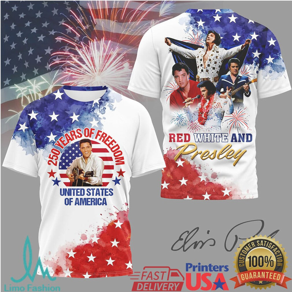 Elvis Presley 250 Years of Freedom USA Flag Red White and Presley T Shirt - Limotees LLC