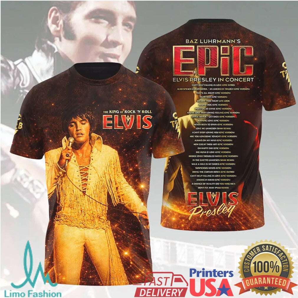 Elvis Presley Epic In Concert Baz Luhrmann Gold Jumpsuit Vintage Retro Music Fans T Shirt - Limotees LLC