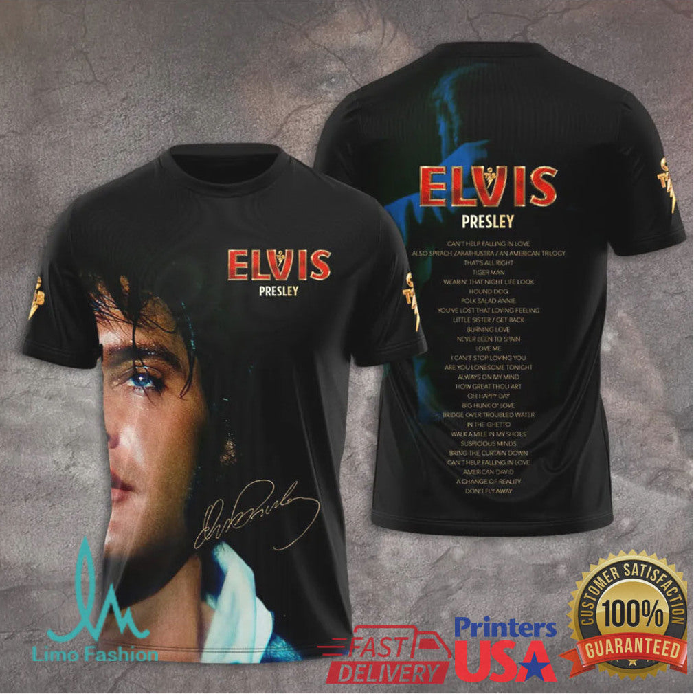 Elvis Presley Signature Portrait Greatest Hits Collection Vintage Gift for Music Fans T Shirt
