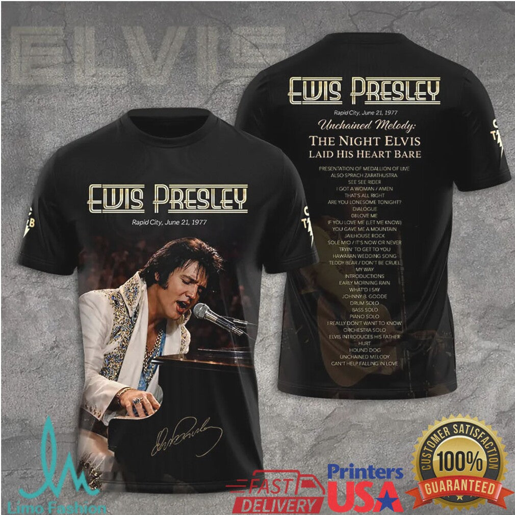 Elvis Presley Unchained Melody Rapid City June 1977 Signature Retro Men Fans T Shirt - Limotees LLC