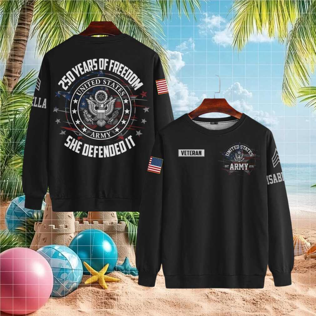 Female Army Veteran “She Defended It” 250 Years of Freedom T Shirt - Limotees LLC