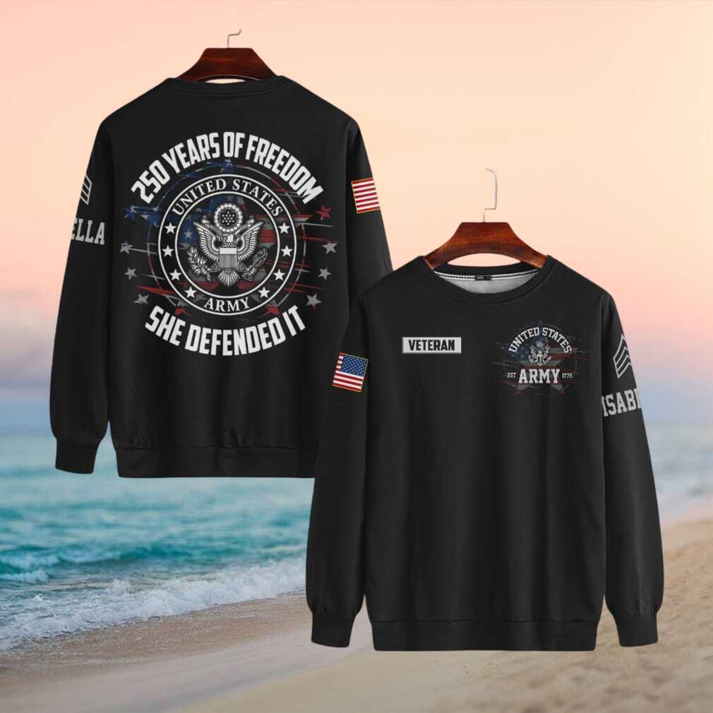 Female Army Veteran “She Defended It” 250 Years of Freedom T Shirt - Limotees LLC