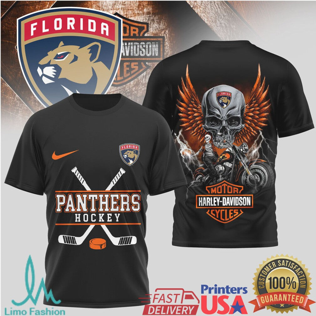 Florida Panthers Hockey x Harley Davidson Skull Wing Biker T Shirt - Limotees LLC