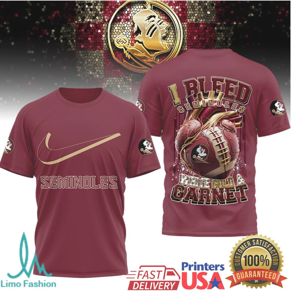 Florida State Seminoles “I Bleed Gold & Garnet” Heart Football T Shirt - Limotees LLC