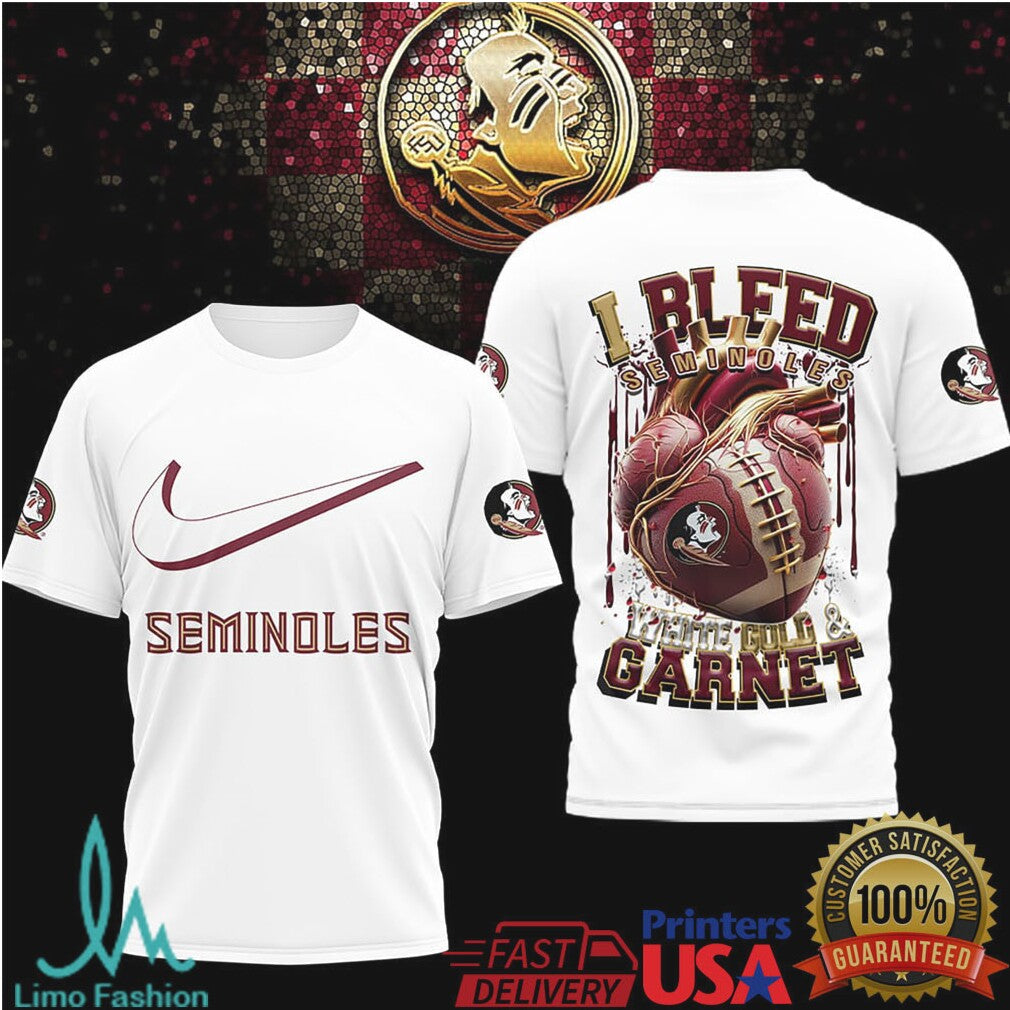 Florida State Seminoles “I Bleed Gold & Garnet” Heart Football T Shirt - Limotees LLC