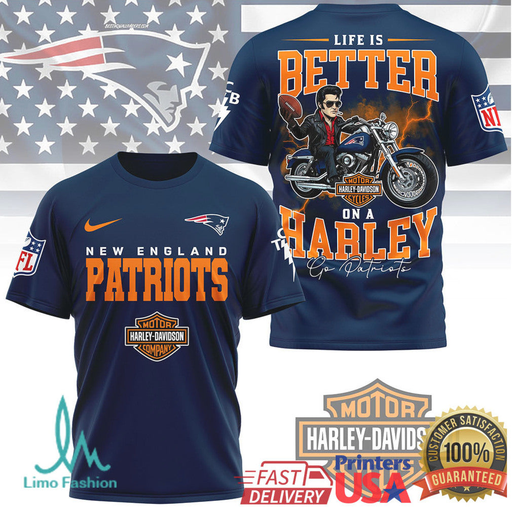 New England Patriots Official NFL Elvis Presley Harley Davidson 3D Shirt - Limotees LLC