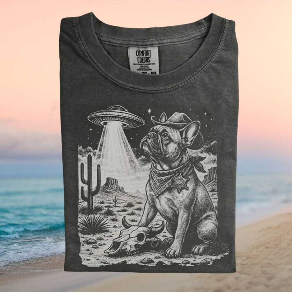 French Bulldog Cowboy Western UFO Desert Scene Graphic T Shirt - Limotees LLC