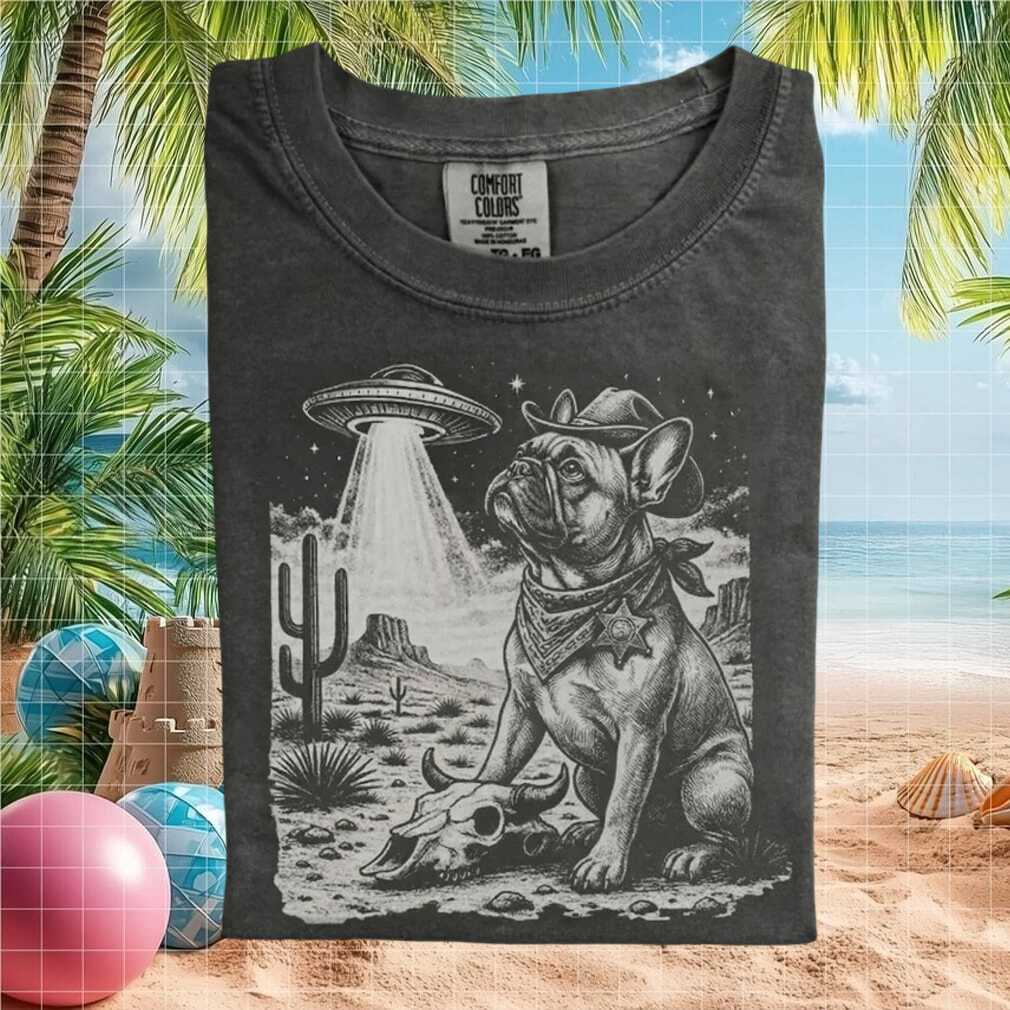 French Bulldog Cowboy Western UFO Desert Scene Graphic T Shirt - Limotees LLC