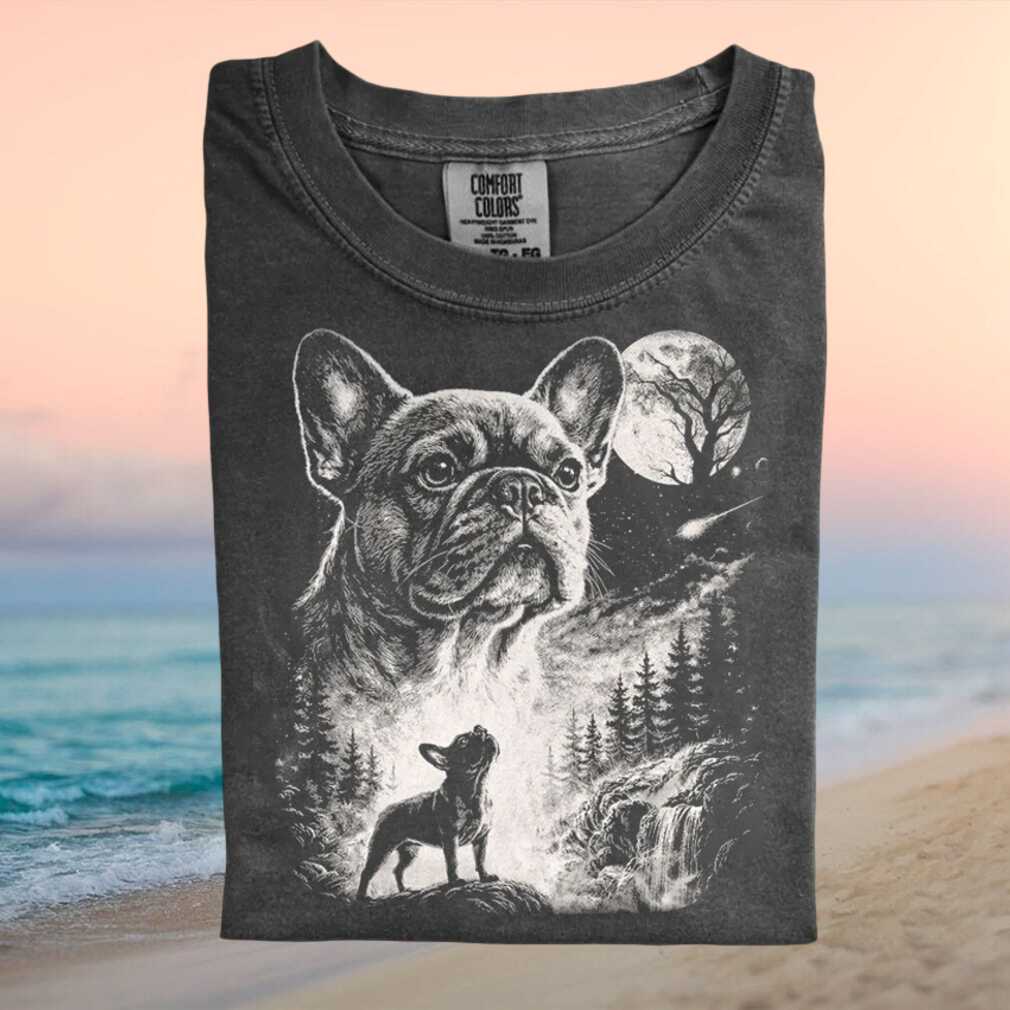 French Bulldog Moon Howling Waterfall Retro Graphic T Shirt - Limotees LLC