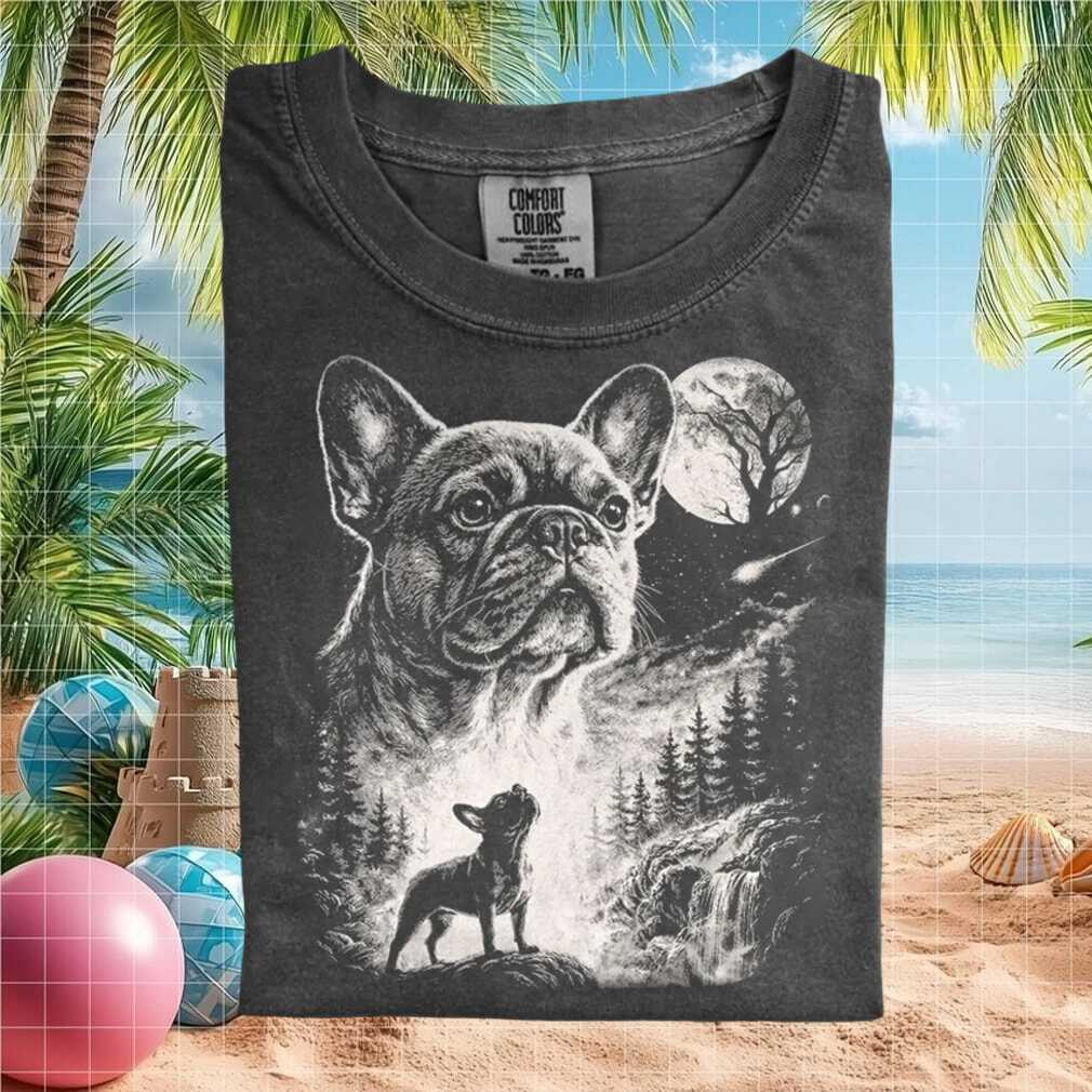 French Bulldog Moon Howling Waterfall Retro Graphic T Shirt - Limotees LLC