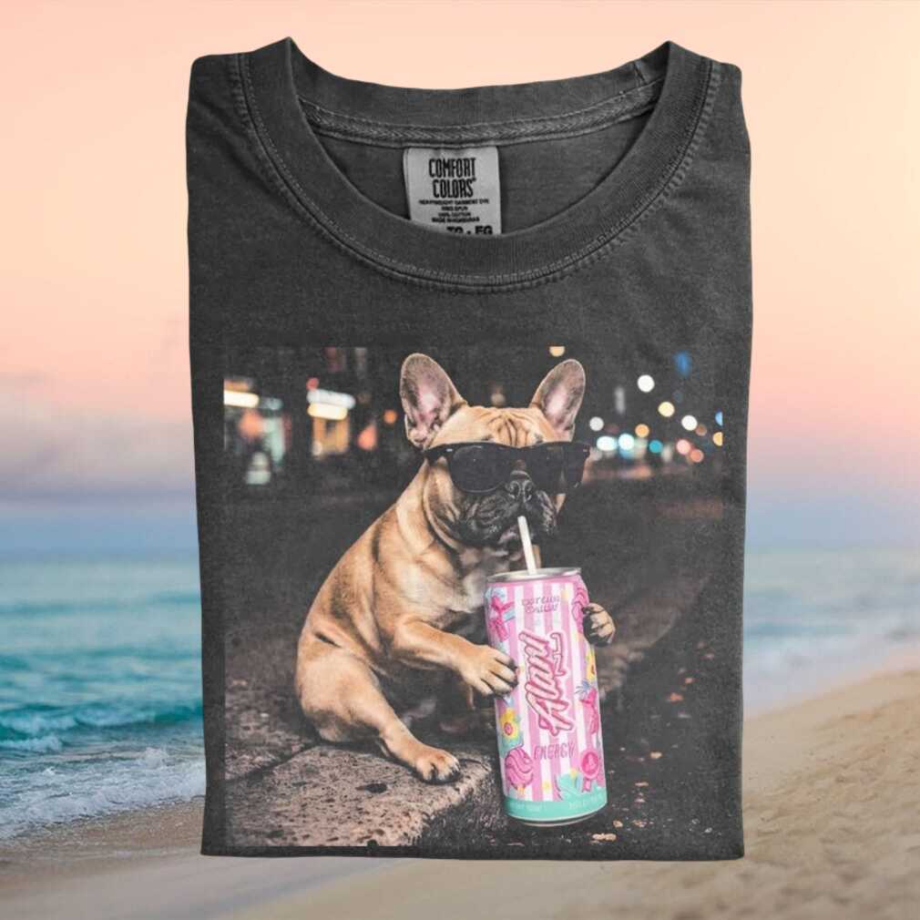 French Bulldog Sunglasses Drinking Pink Energy Can T Shirt - Limotees LLC