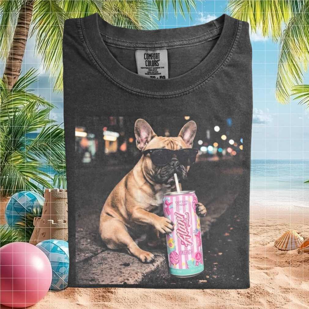 French Bulldog Sunglasses Drinking Pink Energy Can T Shirt - Limotees LLC