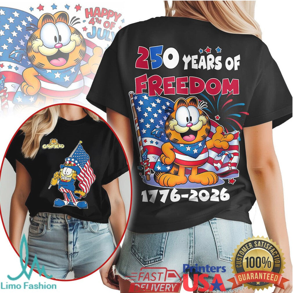 Garfield 250 Years of Freedom American Flag 4th of July T Shirt - Limotees LLC