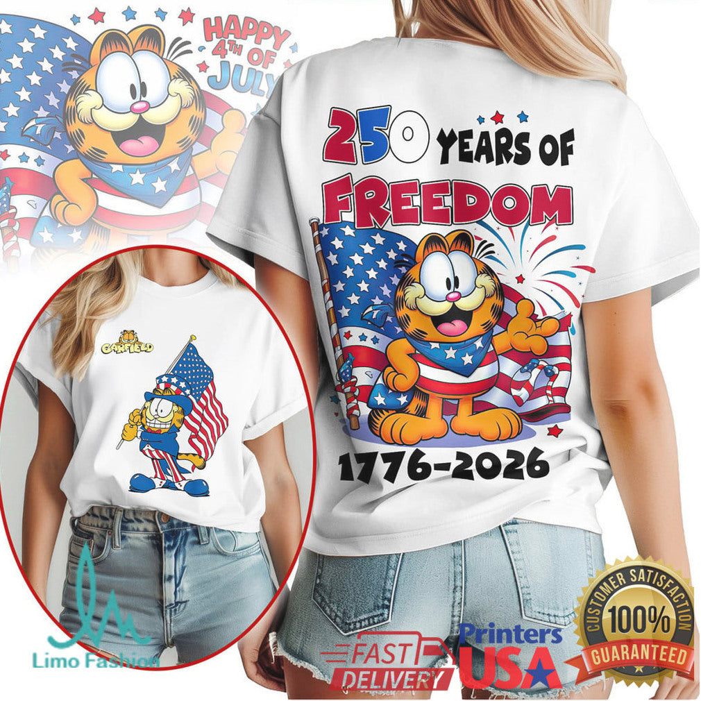 Garfield 250 Years of Freedom American Flag 4th of July T Shirt - Limotees LLC