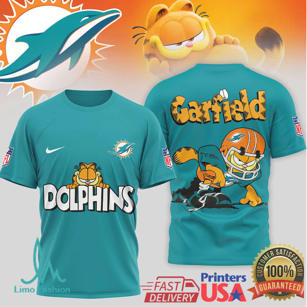 Garfield Miami Dolphins NFL Mascot T Shirt Aqua & Orange Football Apparel - Limotees LLC