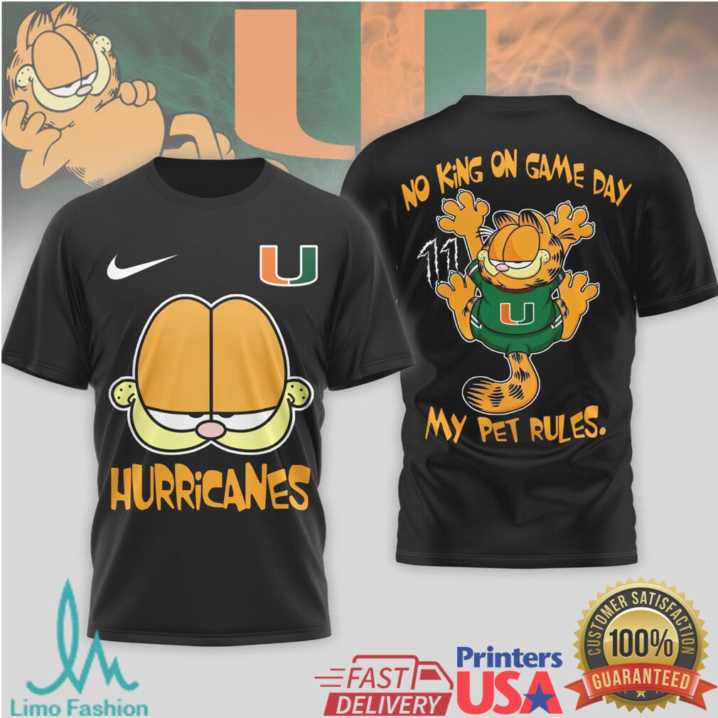 Garfield Miami Hurricanes “No King On Game Day” T Shirt - Limotees LLC