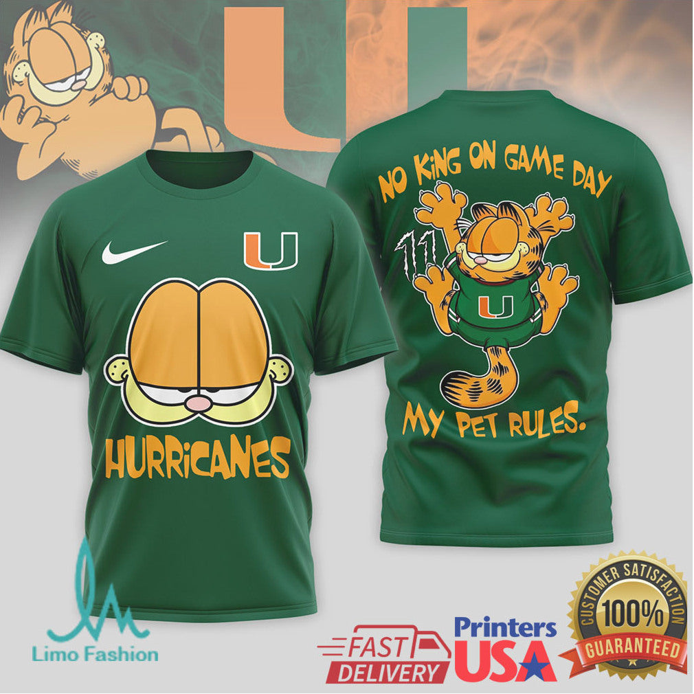 Garfield Miami Hurricanes “No King On Game Day” T Shirt - Limotees LLC