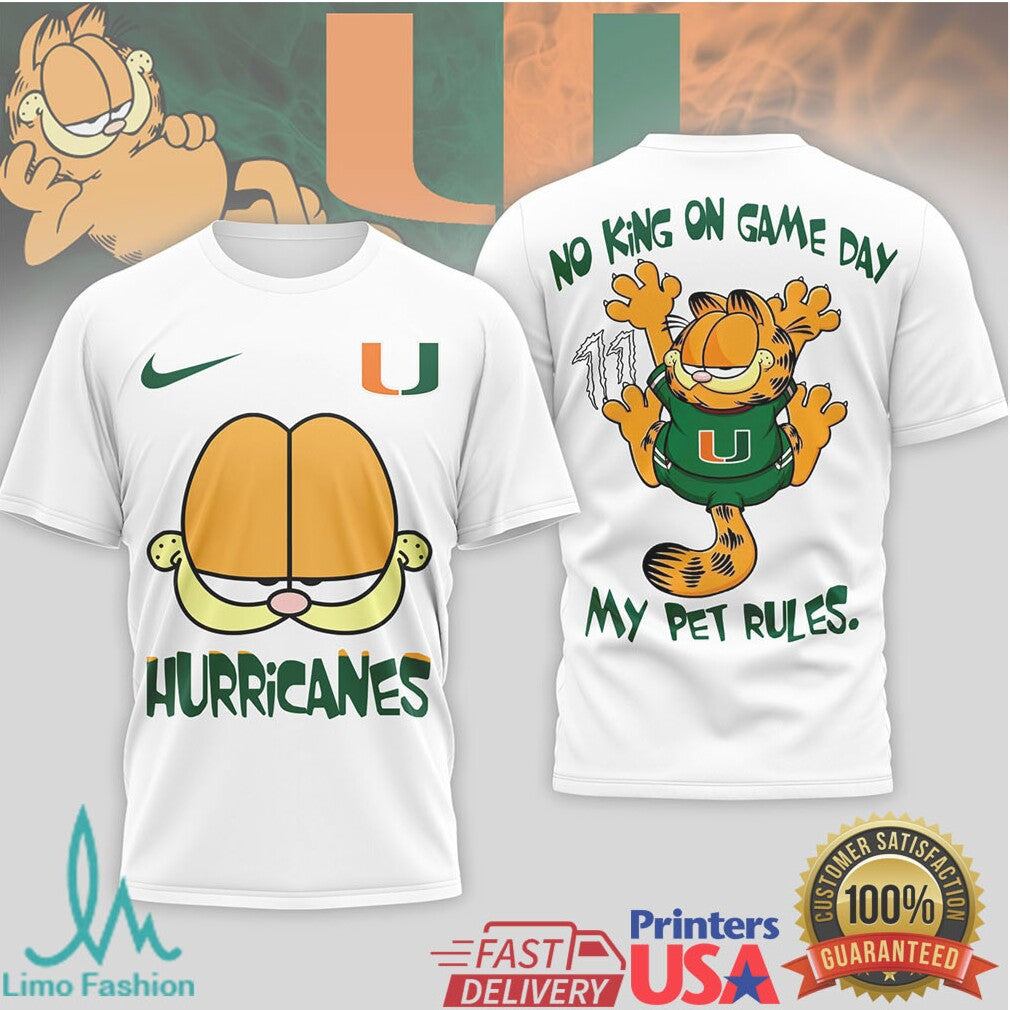 Garfield Miami Hurricanes “No King On Game Day” T Shirt - Limotees LLC