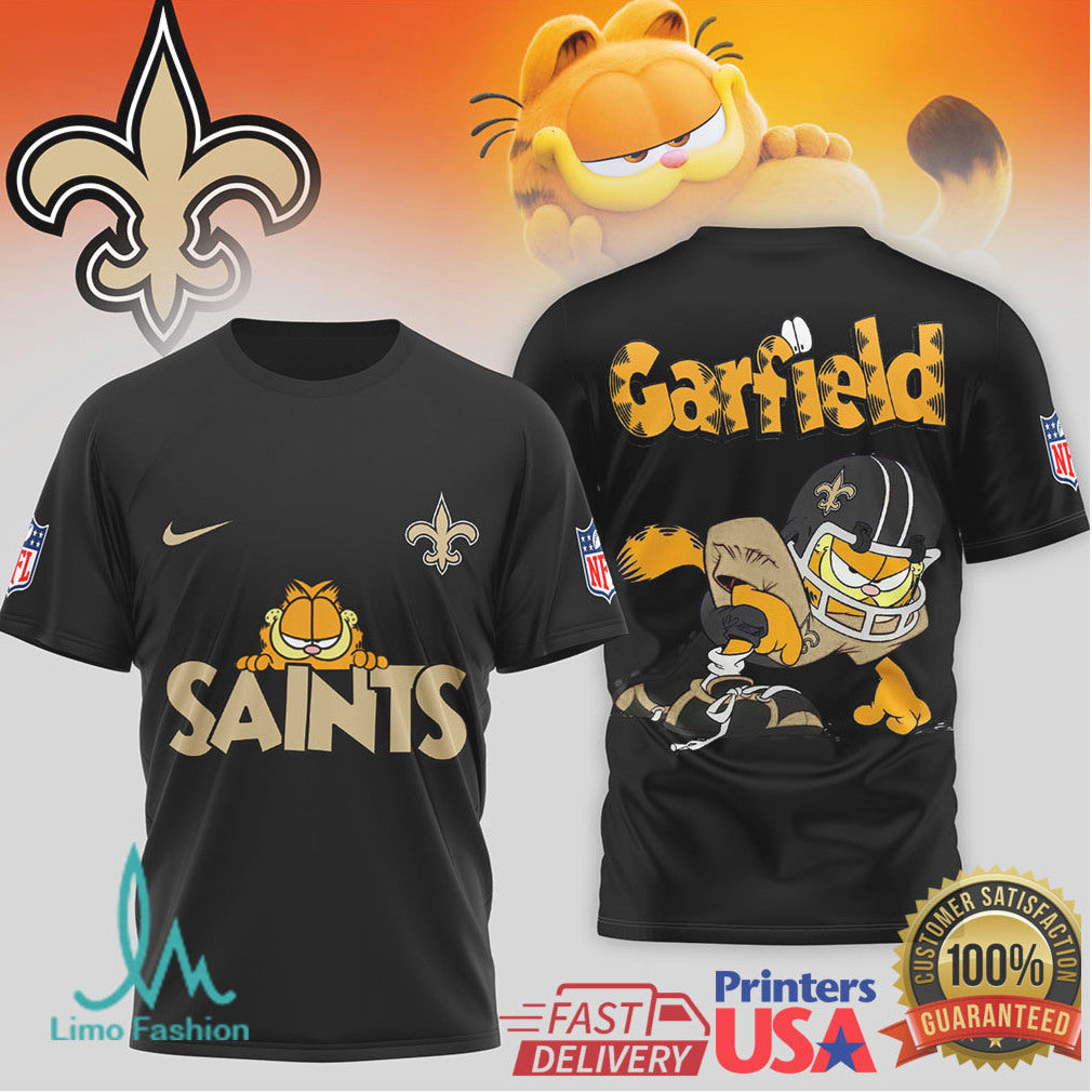 Garfield New Orleans Saints NFL Graphic T Shirt Gold & Black Football Gear - Limotees LLC