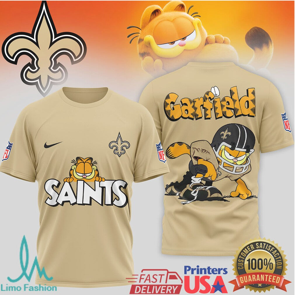 Garfield New Orleans Saints NFL Graphic T Shirt Gold & Black Football Gear - Limotees LLC