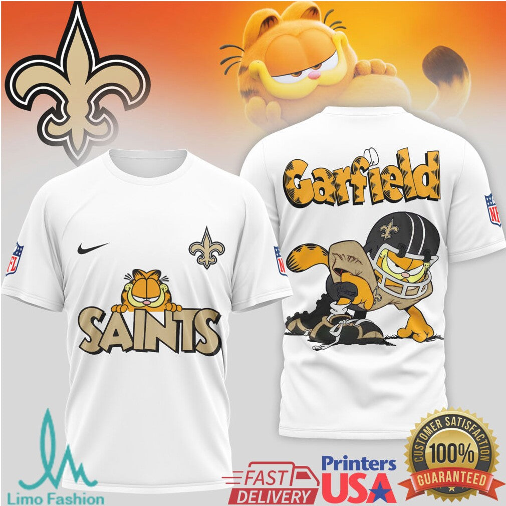 Garfield New Orleans Saints NFL Graphic T Shirt Gold & Black Football Gear - Limotees LLC