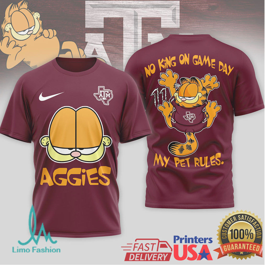 Garfield Texas A&M Aggies “No King On Game Day” T Shirt - Limotees LLC