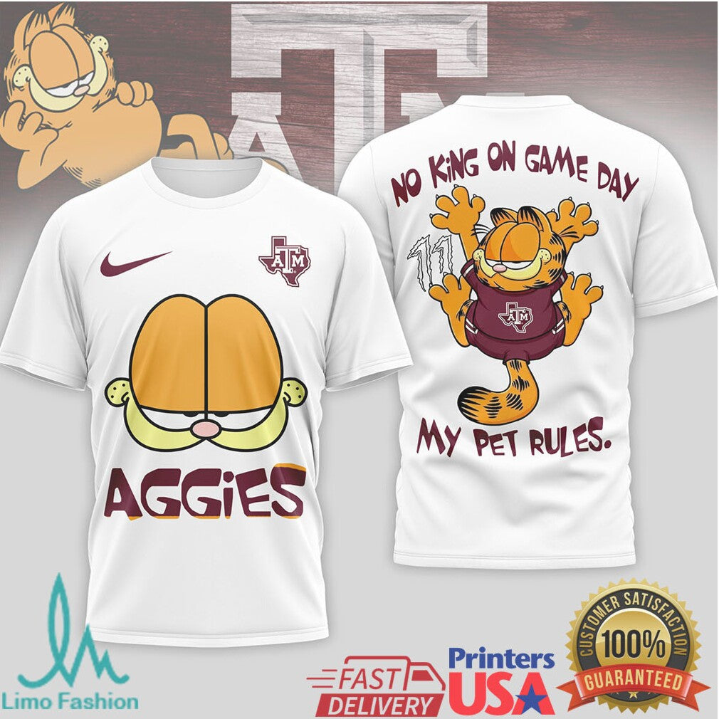 Garfield Texas A&M Aggies “No King On Game Day” T Shirt - Limotees LLC