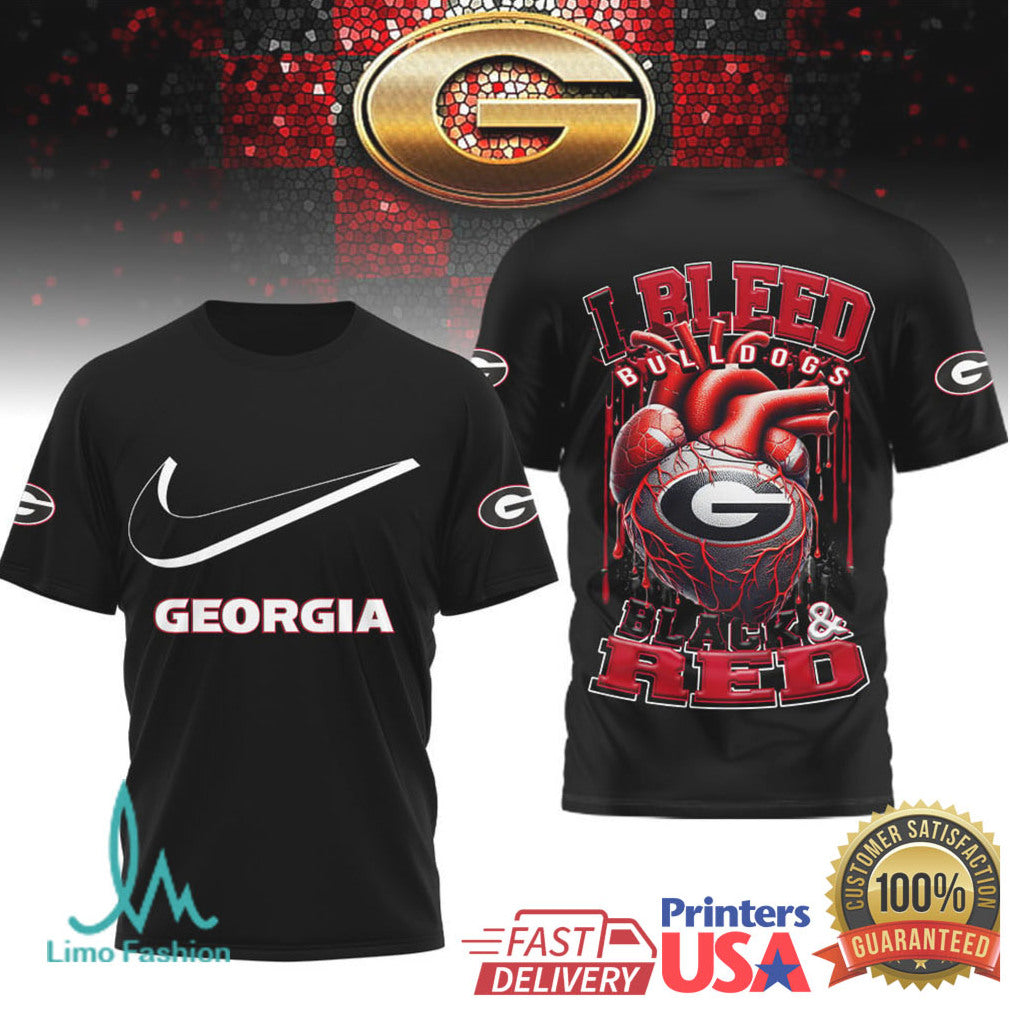 Georgia Bulldogs I Bleed Black and Red Heart Football Graphic T Shirt - Limotees LLC
