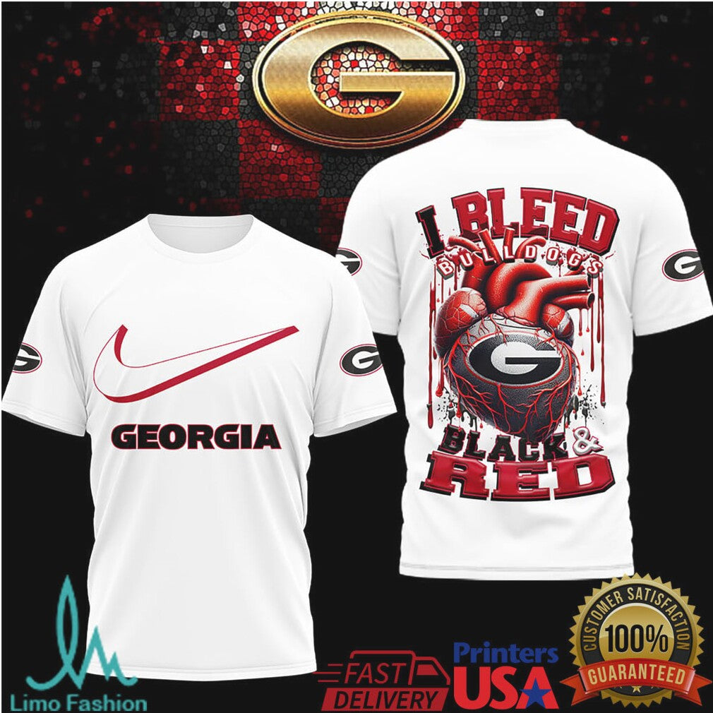 Georgia Bulldogs I Bleed Black and Red Heart Football Graphic T Shirt - Limotees LLC