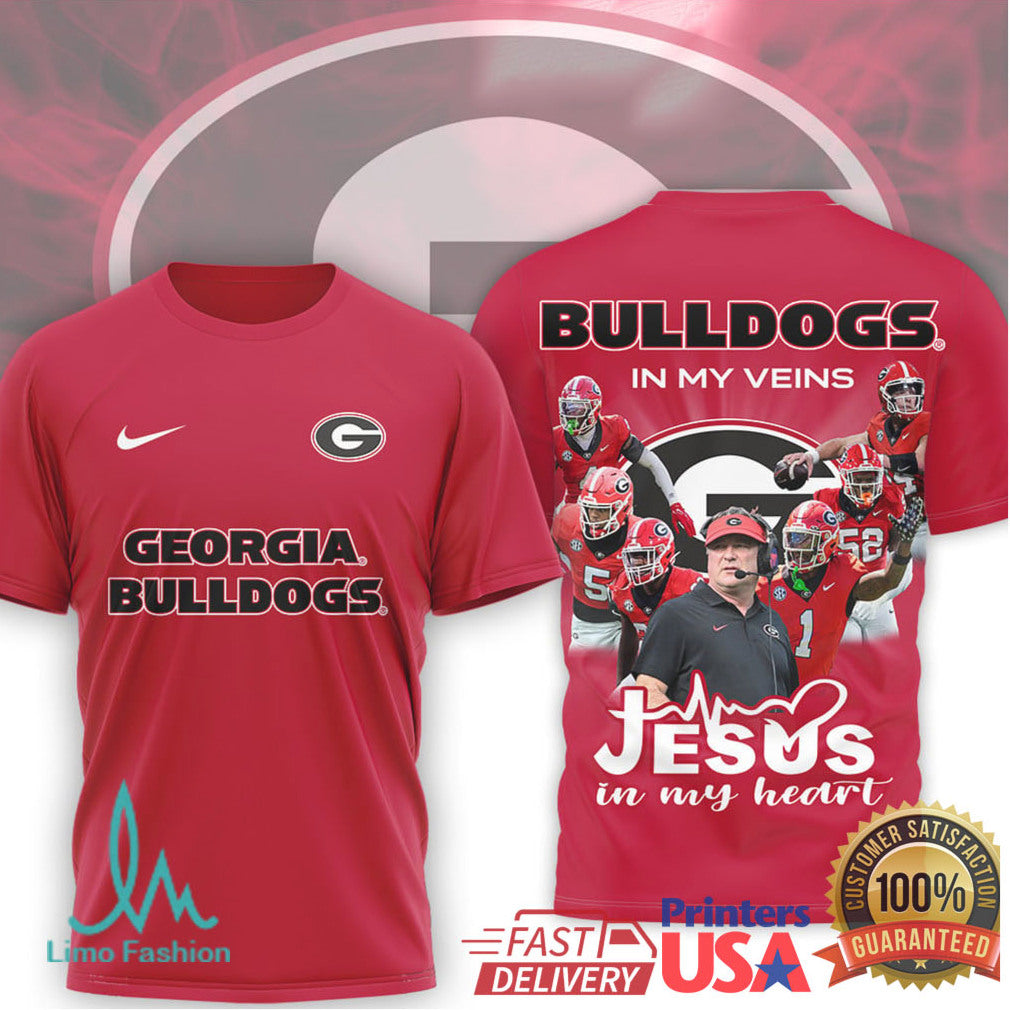 Georgia Bulldogs “Jesus In My Heart, Bulldogs In My Veins” Christian Fan Tee - Limotees LLC