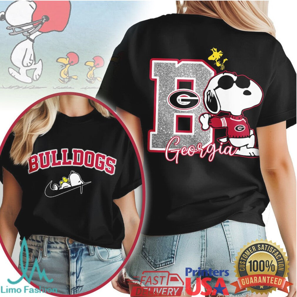 Georgia Bulldogs Snoopy Joe Cool Glitter Letter Graphic T Shirt - Limotees LLC
