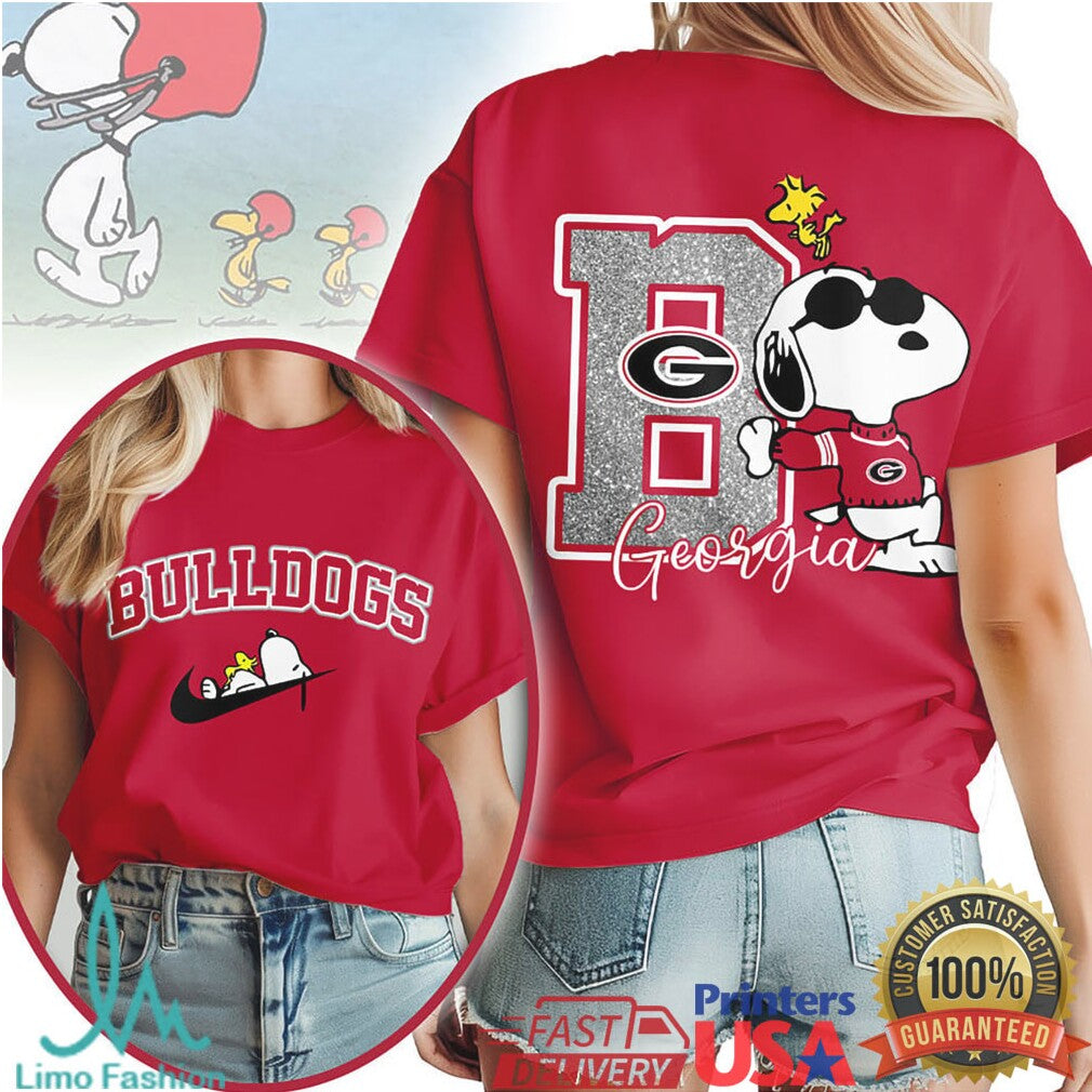 Georgia Bulldogs Snoopy Joe Cool Glitter Letter Graphic T Shirt - Limotees LLC