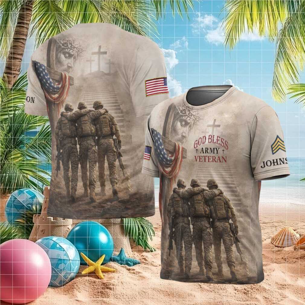 God Bless Army Veteran Jesus Cross & Soldiers Stairway to Heaven Shirt - Limotees LLC