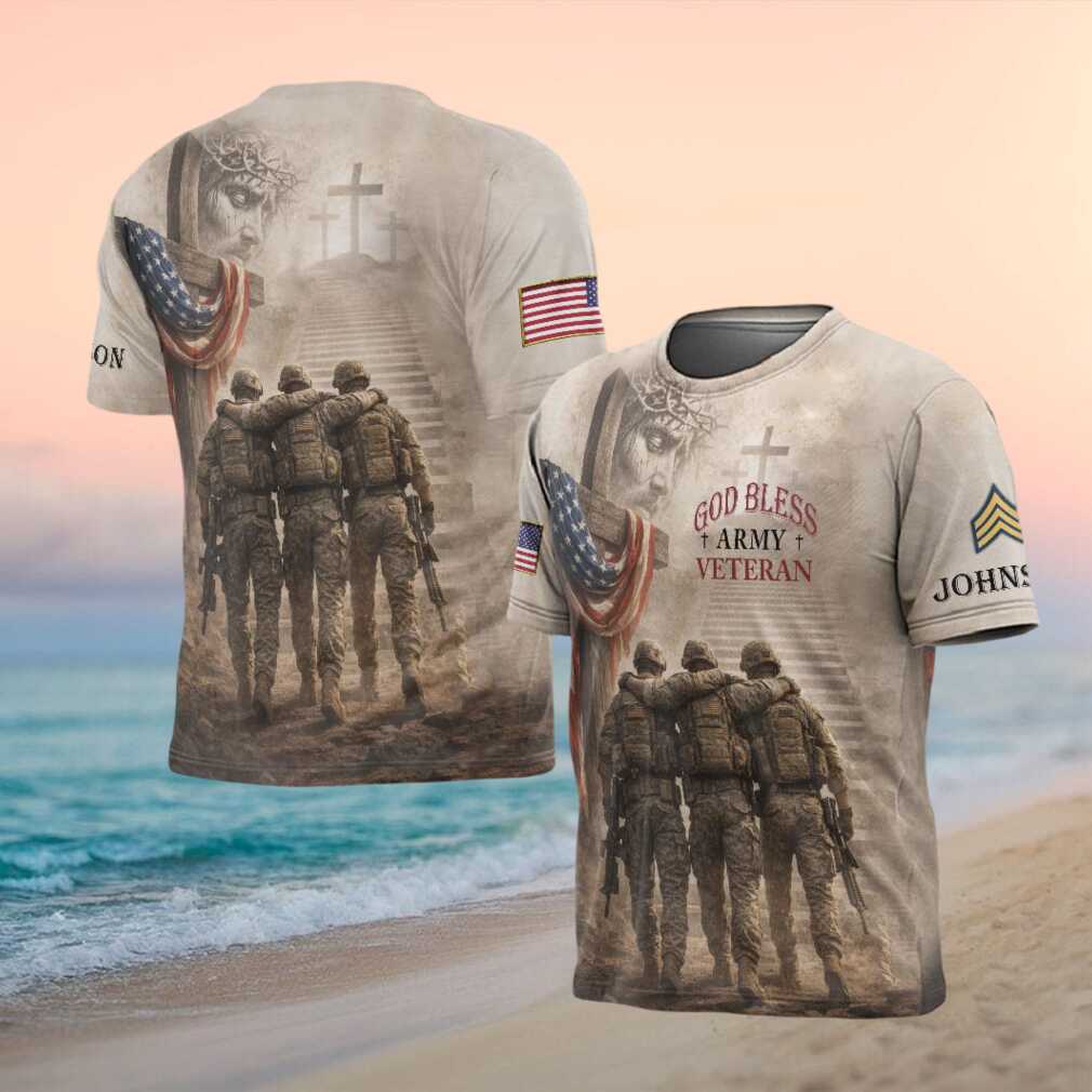 God Bless Army Veteran Jesus Cross & Soldiers Stairway to Heaven Shirt - Limotees LLC