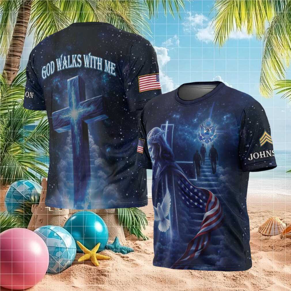 God Walks With Me Christian US Army Veteran Galaxy Cross T Shirt - Limotees LLC