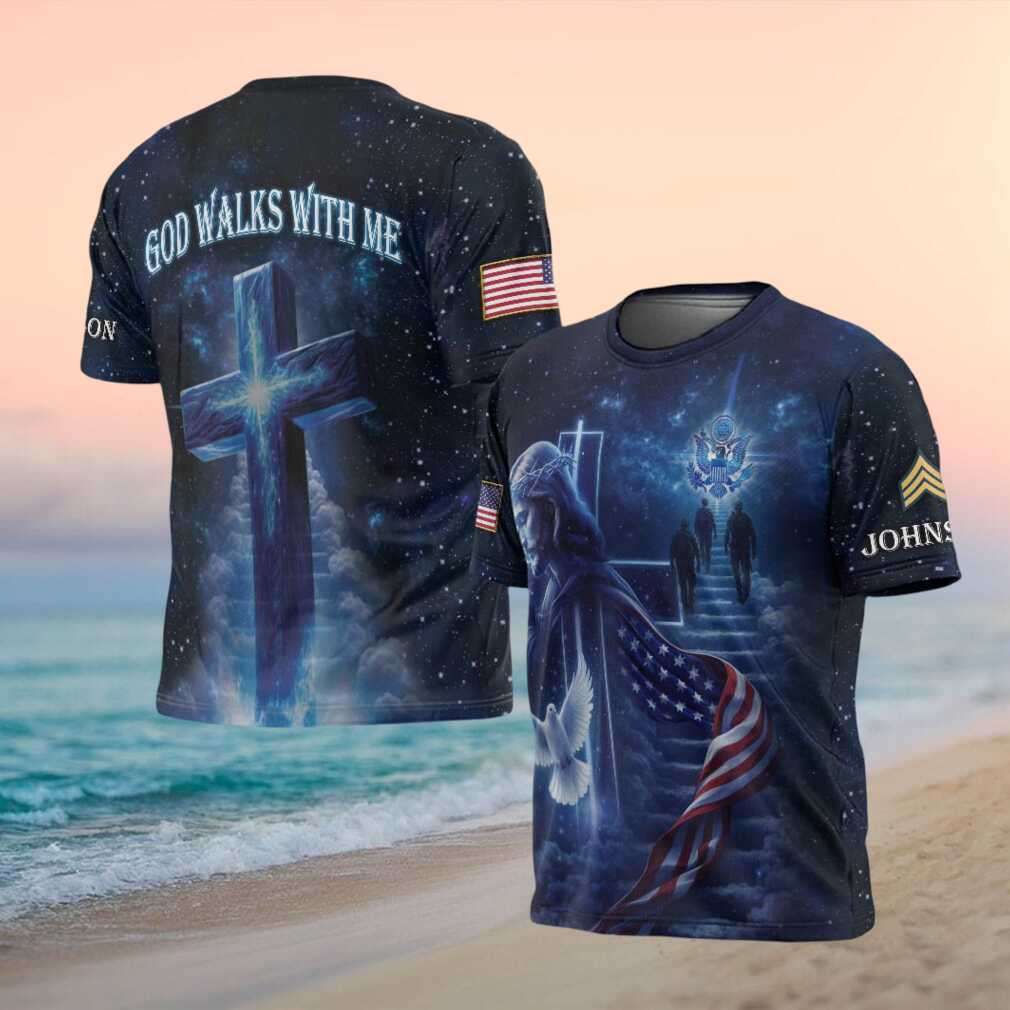 God Walks With Me Christian US Army Veteran Galaxy Cross T Shirt - Limotees LLC