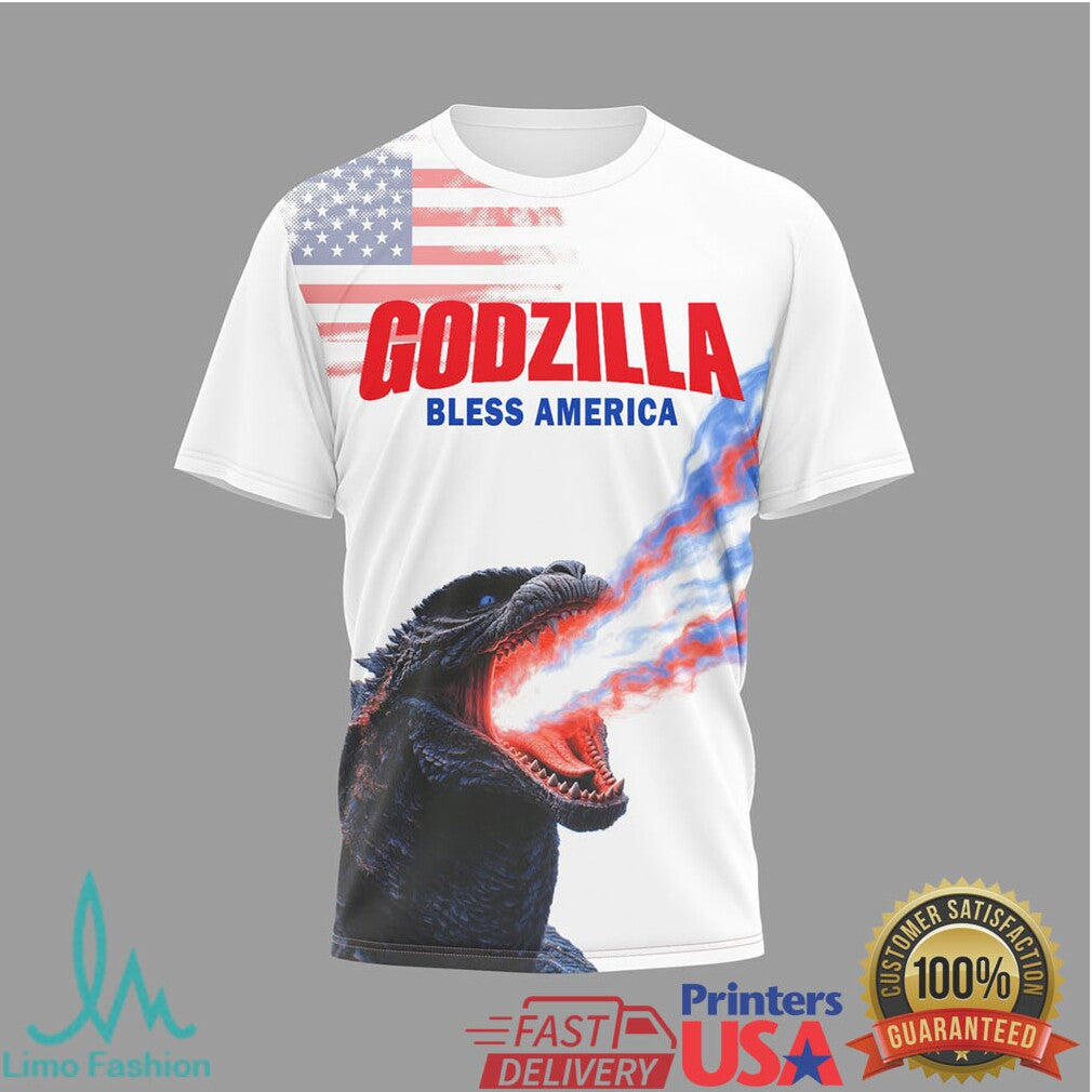 Godzilla Bless America 250th Anniversary T Shirt Patriotic Atomic Breath Design - Limotees LLC
