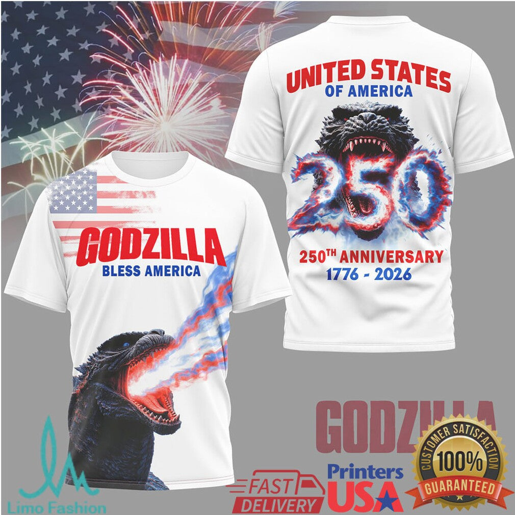 Godzilla Bless America 250th Anniversary T Shirt Patriotic Atomic Breath Design - Limotees LLC