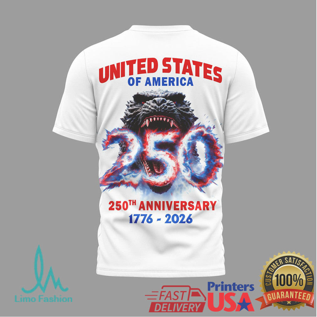 Godzilla Bless America 250th Anniversary T Shirt Patriotic Atomic Breath Design - Limotees LLC