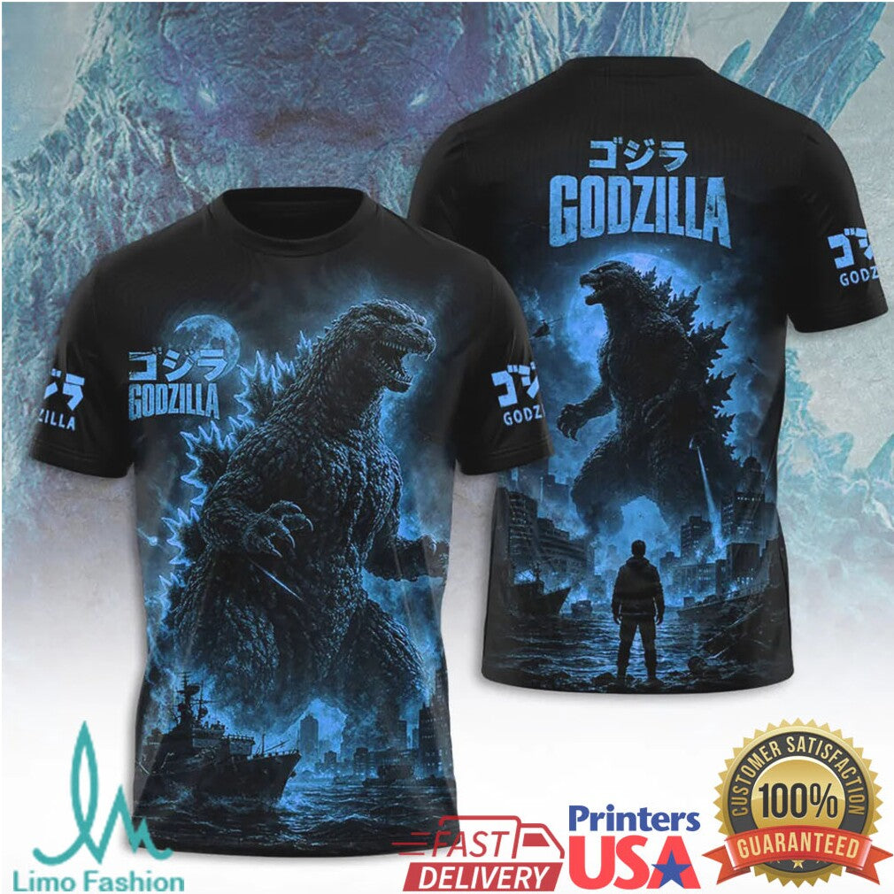 Godzilla King of the Monsters Blue Neon Night City Silhouette Graphic T Shirt - Limotees LLC