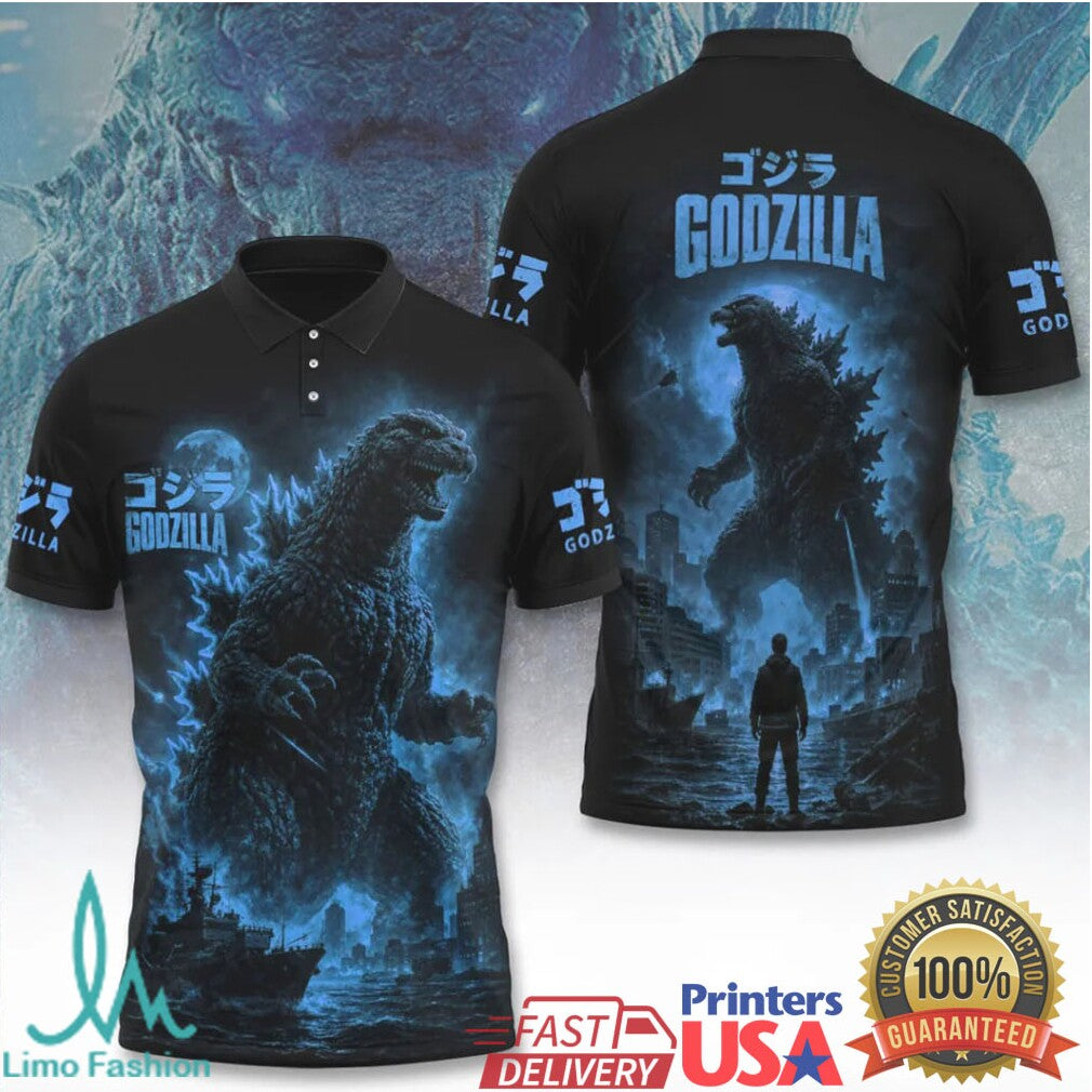 Godzilla King of the Monsters Blue Neon Night City Silhouette Graphic T Shirt - Limotees LLC
