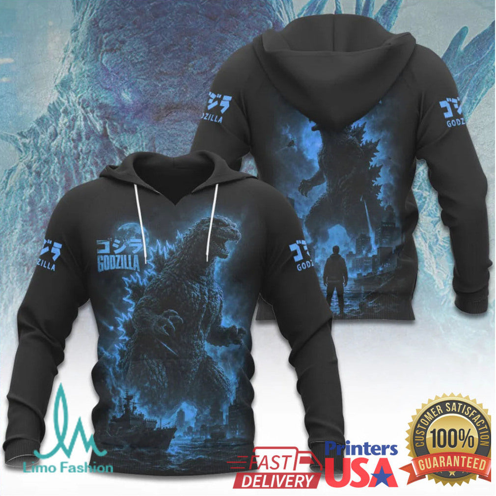 Godzilla King of the Monsters Blue Neon Night City Silhouette Graphic T Shirt - Limotees LLC